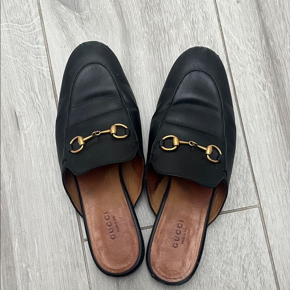 Gucci Black Mules with Gold Hardware
